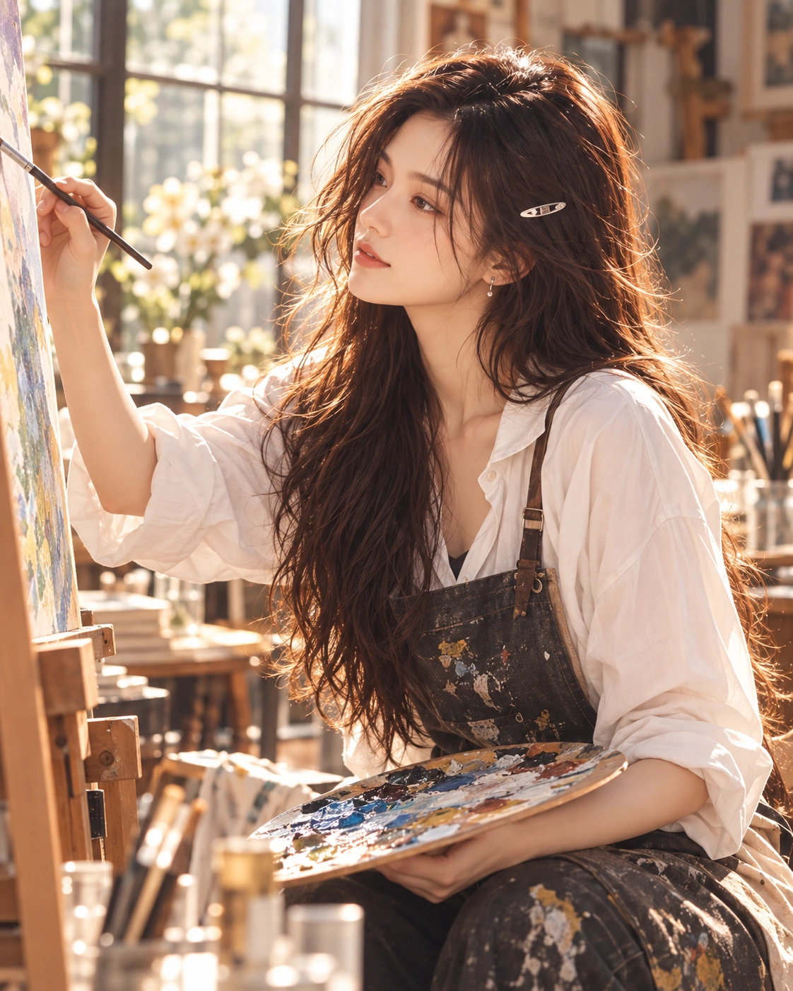 Artist at work in a sunlit atelier, head turned toward her painting, not historic documentation