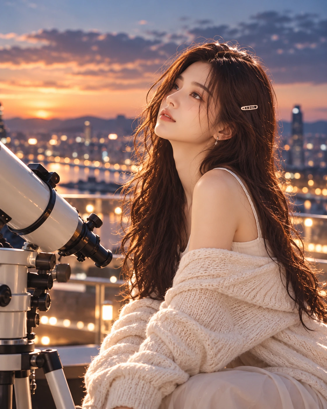 Contemporary editorial portrait of the model looking upward beside a telescope at sunset; illustrative, not historical documentation